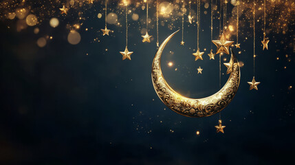 Golden crescent moon and stars on a dark background. Ideal for Eid celebrations, night sky themes, and cultural designs.