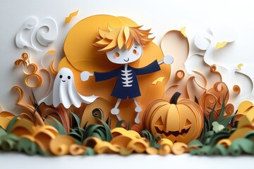 Fototapeta premium Paper Art Skeleton Dancing with Pumpkin and Ghost