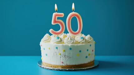 Fiftieth birthday cake with white icing and lit candles in shape of 50 bright background