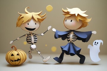Obraz premium Paper Art Skeleton Dancing with Pumpkin and Ghost