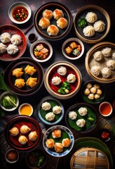 colorful bowls overflowing steaming dim sum treats showcasing variety flavors textures, dumpling, food, meal, cuisine, dish, vibrant, appetizer, bamboo, plate