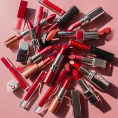 Obraz premium Explore the Hottest Lipstick Shades on a Pink Background, Enhance Your Beauty Routine with Lipstick on Pink, Discover Vibrant Lipstick Collections on a Stylish Pink Backdrop, 