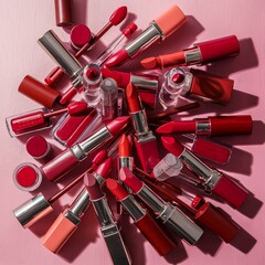 Obraz premium Explore the Hottest Lipstick Shades on a Pink Background, Enhance Your Beauty Routine with Lipstick on Pink, Discover Vibrant Lipstick Collections on a Stylish Pink Backdrop, 