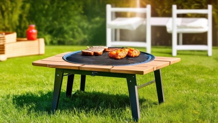 Obraz premium summer time party in backyard garden with grill BBQ, wooden table, blurred background