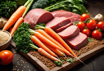 vibrant close premium pet food ingredients showcasing fresh grains optimal nutrition, vegetables, quality, meats, organic, natural, kibble, colorful, wet