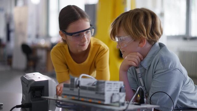 Two classmates working togeter on circuit board, building robot in after-school robotics club. Children learning robotics in Elementary school.