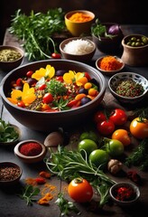 vibrant elements blended create delicious culinary narratives colorful ingredients flavorful combinations, appetizing, beverages, chefs, cuisine, creativity