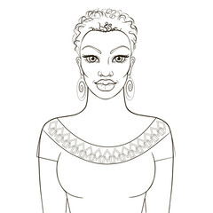 Hand drawn illustration of african woman. Vector sketch of attractive afro girl in traditional dress. Ethnic picture. Vector portrait of beautiful lady. Coloring book illustration.