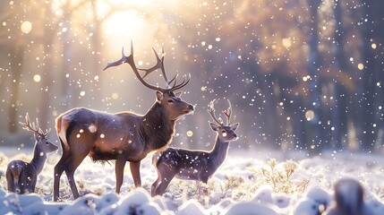 Family of noble deer in christmas fantasy Snowing