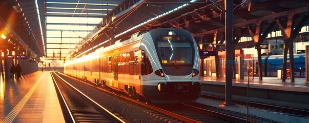 Modern Train Arriving at a Train Station Platform at Sunset