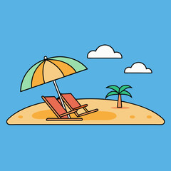 Tropical beach landscape with beach chair and umbrella on the seashore Summer vacation cartoon