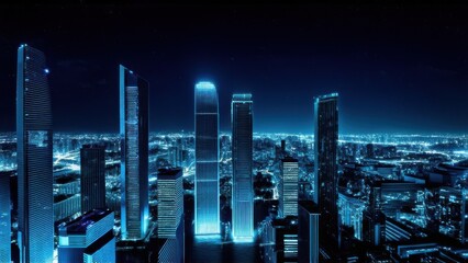 Nighttime view of a technologically advanced city with sleek, illuminated skyscrapers. Premium background for the latest technology needs