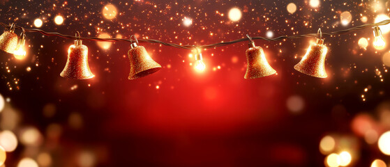 Obraz premium Golden bells on a string with warm glowing lights against a festive red background. Perfect for Christmas decor and holiday cards