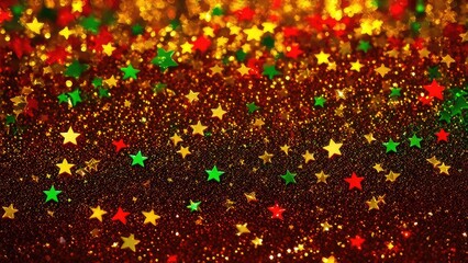 background of golden, red, green stars, glowing, shiny. New Year background.