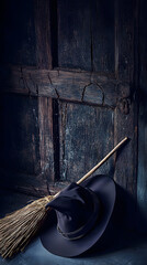 Rustic scene with a black witch hat and broomstick leaning against an old, weathered wooden door. Dark and moody atmosphere.