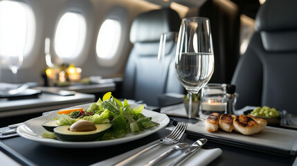 A neatly arranged in-flight meal with a focus on fresh, organic ingredients like avocado slices, mixed greens, and grilled fish, served on a modern airplane tray