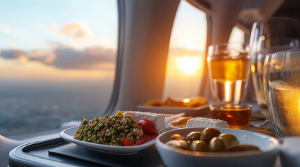 A tray featuring a Mediterranean-style in-flight meal with olives, feta cheese, and a side of tabbouleh, served on a tray table with a vibrant view of the sunset through the airpla