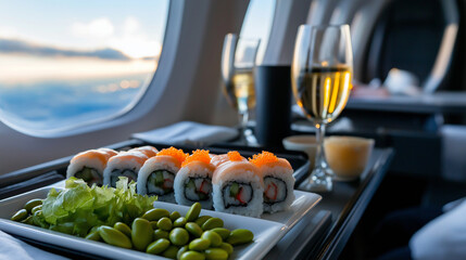 Sushi rolls, salad, and edamame on an airplane tray table, with a view of the blue sky