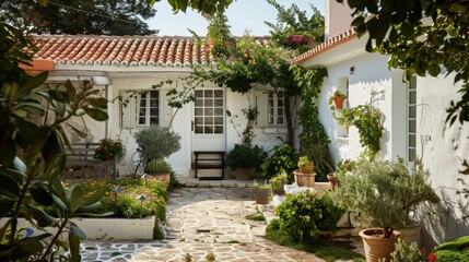 Classic greek inn with lush garden  white stucco walls and terracotta roof tiles in serene setting