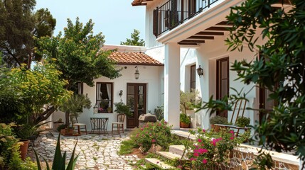Fototapeta premium Classic greek inn with stucco walls, terracotta roof, surrounded by vibrant garden