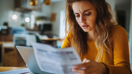 A woman staring at a past-due bill with a worried expression, her laptop screen displaying a declining bank balance