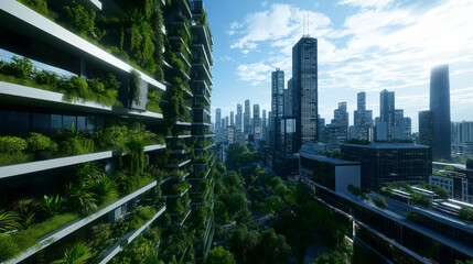 A futuristic, eco-friendly city with sleek buildings covered in plants, large open green areas, and a network of clean energy sources