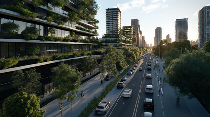 Obraz premium An urban area focused on environmental sustainability, showcasing eco-friendly buildings, pedestrian-friendly streets, and abundant green areas