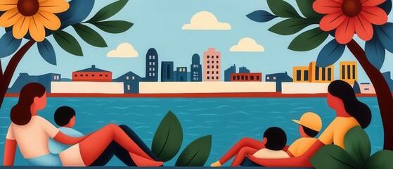 Calm Labor Day waterfront scene with families resting, interspersed with labor rights banners recognizing the importance of the holiday