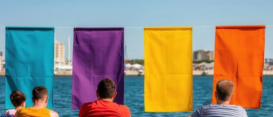 Calm Labor Day waterfront scene with families resting, interspersed with labor rights banners recognizing the importance of the holiday
