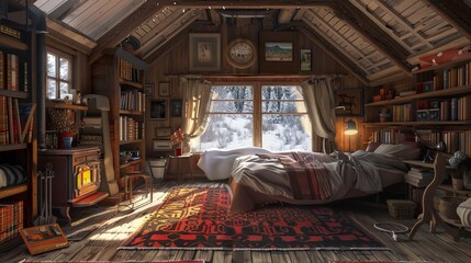 Cozy cabin interior with vintage rugs, wood burning stove, and snowy winter view