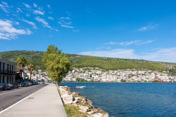 The waterfront of the pretty town of Amfilochia, Greece, on a sunny day