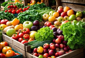 colorful assortment fresh produce displayed donation boxes variety fruits vegetables, gift, greens, harvest, healthy, herbs, local, market, natural