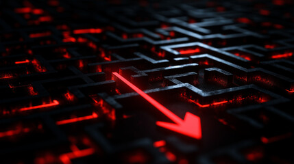 A bright red arrow navigating the intricate corners of a black maze, emphasizing the search for the right path