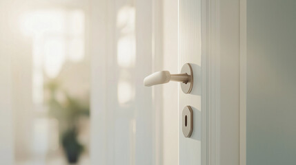 modern door handle on a white door, with a glimpse of the room's interior beyond, offering a clean and minimalist aesthetic with ample copy space for text, photo