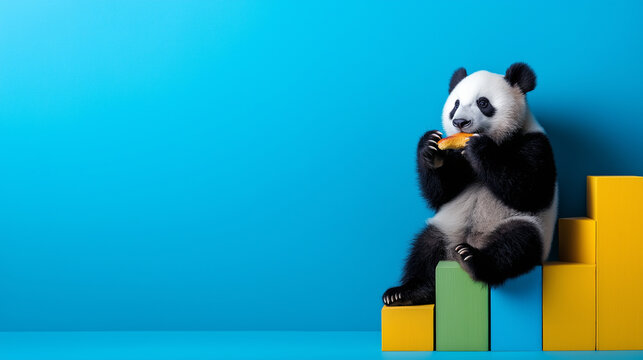 A panda enjoying a snack while sitting on a set of colorful bar charts, representing the user-friendly nature of Pandas - Powered by Adobe