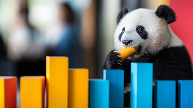 A panda enjoying a snack while sitting on a set of colorful bar charts, representing the user-friendly nature of Pandas