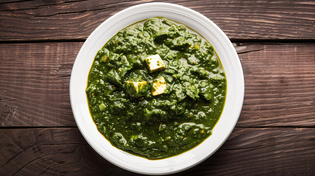 Popular north indian dish: palak paneer with paneer cubes in a smooth spinach gravy