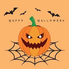 Happy Halloween. Pumpkin is a symbol of the holiday. Postcard, party invitation, Mystical creative modern aesthetic doodle elements. Abstract flat vector illustration. on an orange background. inscrip