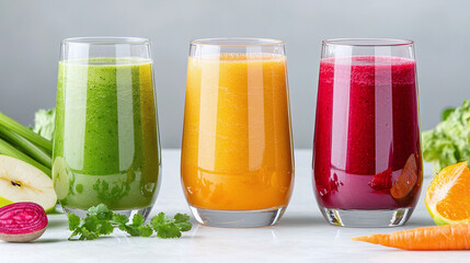 Fototapeta premium a row of fresh healthy detox smoothies of different vegetables and fruits, on a minimalist kitchen countertop