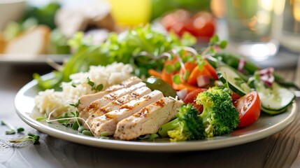 Balanced meal plate with salad, turkey, broccoli, cauliflower rice   healthy and inviting