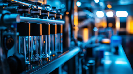 Side view of the reverse osmosis system with focus on the filtration cartridges and the flow of purified water