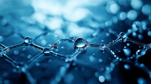 Macro image of reverse osmosis membrane layers with water molecules visibly passing through, representing the advanced technology in water purification