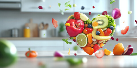 Fototapeta premium a heart shape made of fresh fruits and vegetables, concept of healthy eating habits