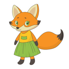 Cute vector fox in a sundress on a white background