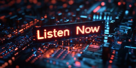 Obraz premium Futuristic LED Display Urging to 'Listen Now' on Digital Circuit Board