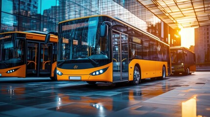 Clean Energy Electric Buses Parked in a Modern City Bus Station