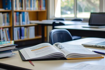 Digital Literacy Curriculum Book and Laptop on Desk for Internet Navigation and Research Skills Lesson