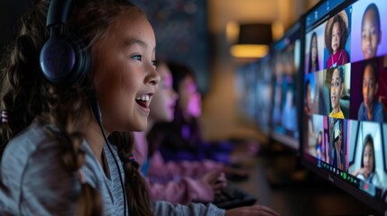 Happy Multicultural Children Engaged in Distance Learning Video Call for Interactive Education Poster