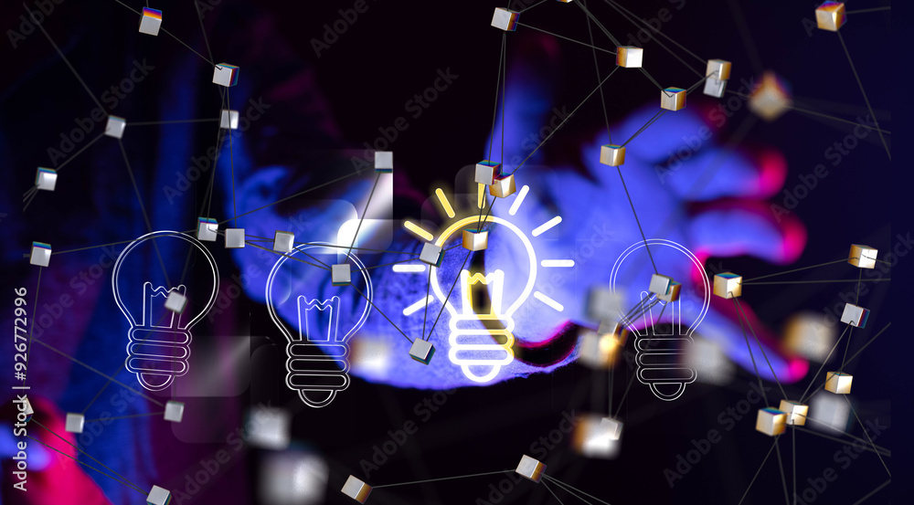 Poster Neural network 3D illustration. Big data and cybersecurity