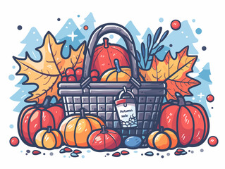 Autumn sale banner with shopping basket and pumpkins. Vector illustration
